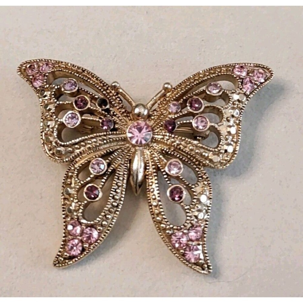 Trifari Gold Tone Pink Rhinestone Butterfly Brooch